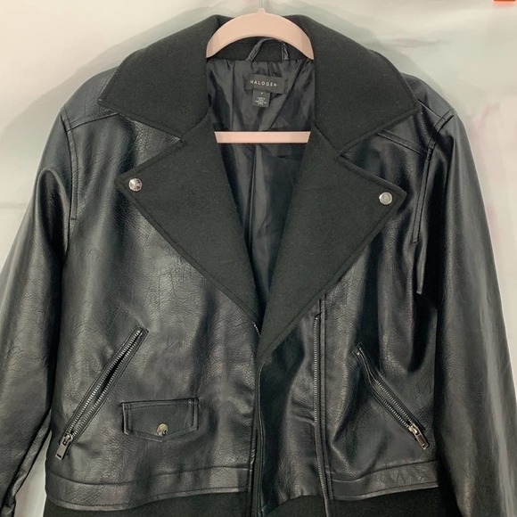 NWT | Halogen Black Asymmetric‎ Zip Mix Media Faux Leather Moto Coat Jacket - Picture 3 of 9